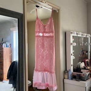 Pink lace and sheer skinny strap dress with beautiful peekaboo spots Sz L